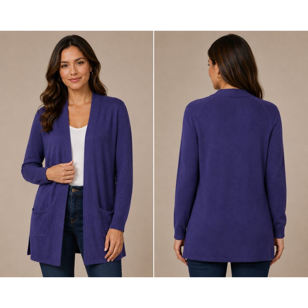 Talbots Open Front Cardigan Sweater Women Medium Blue Long Pocket Knit